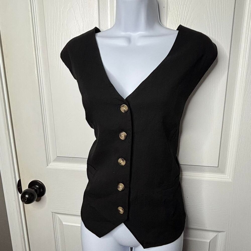 PrettyGarden Large Black Button Front Vest Blouse Sleeveless V-Neck Top